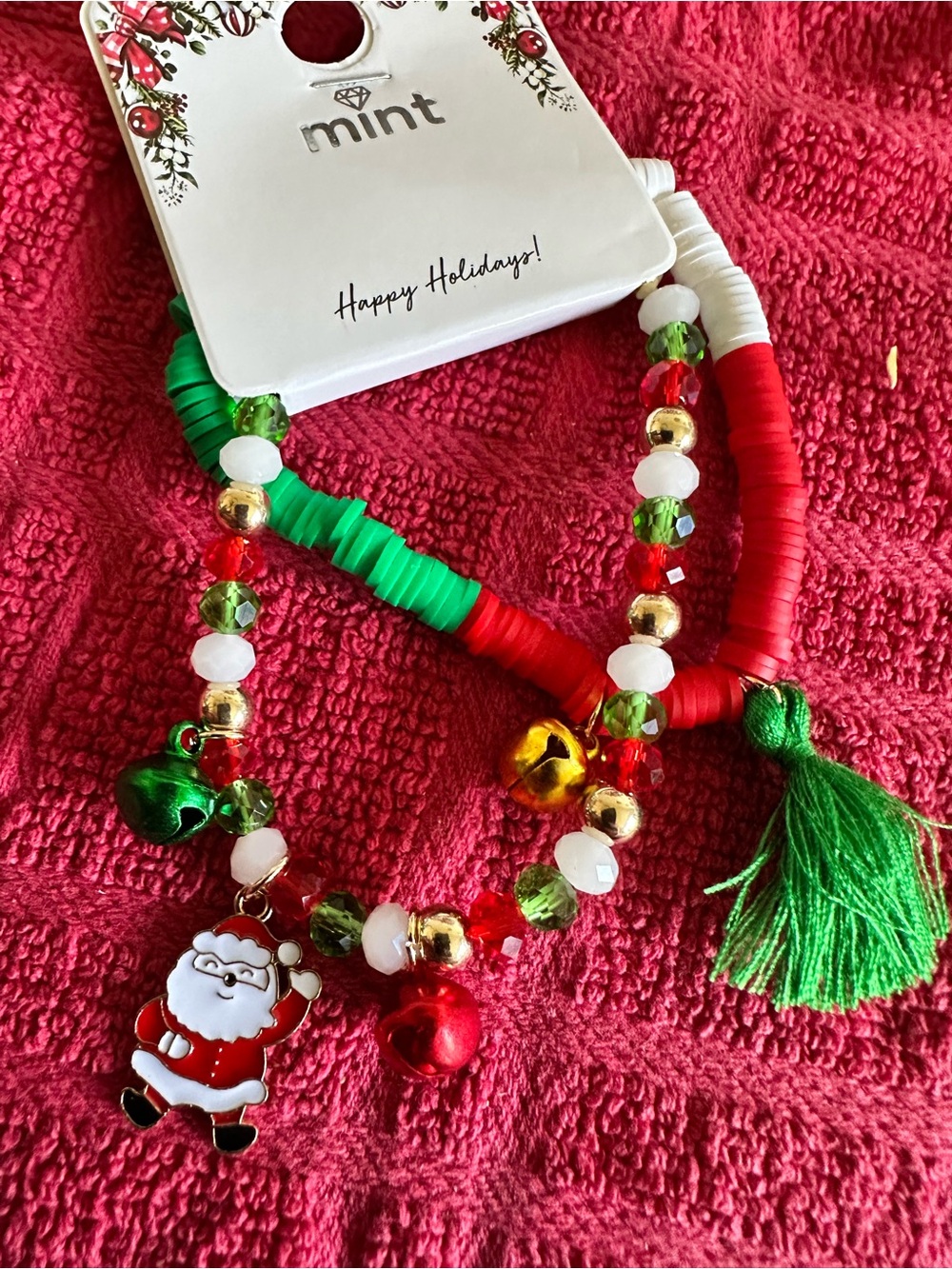 mint Holiday Santa Beaded Necklace in Red & Green